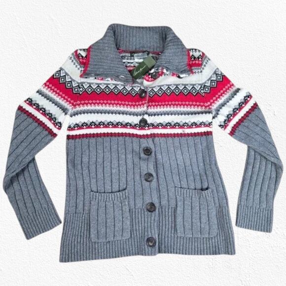 Eddie Bauer Gray Red Fair Isle Cowl Neck Button Up Cardigan Sweater Size Small - Picture 1 of 10